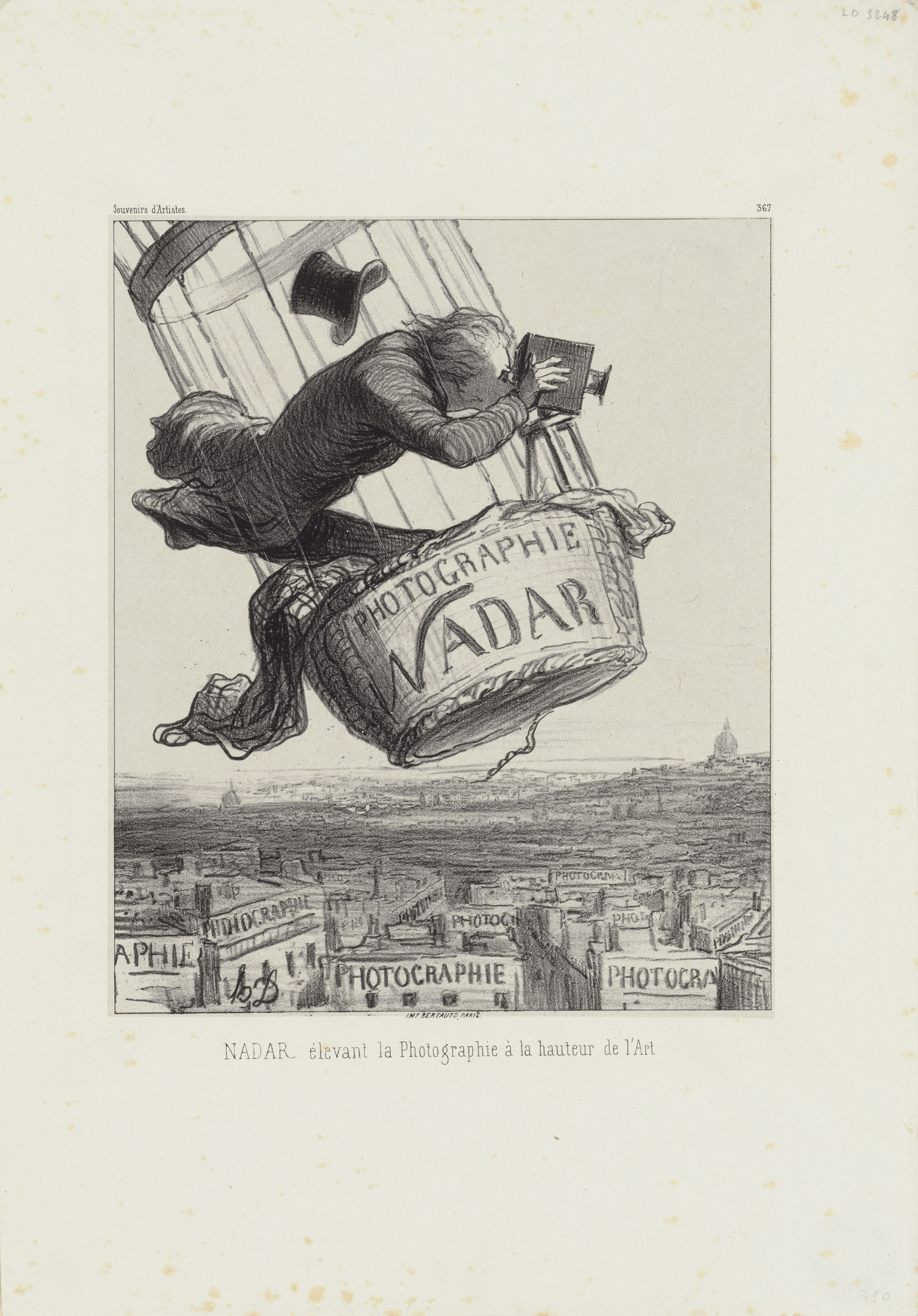 Honoré Daumier (1808–1879): Nadar élevant la photographie à la hauteur de l'art (Nadar erhebt die Fotografie auf die Höhe der Kunst), 1862. Kreidelithografie, sehr wenig geschabt, sur chine, 445 × 310 mm. © Privatsammlung