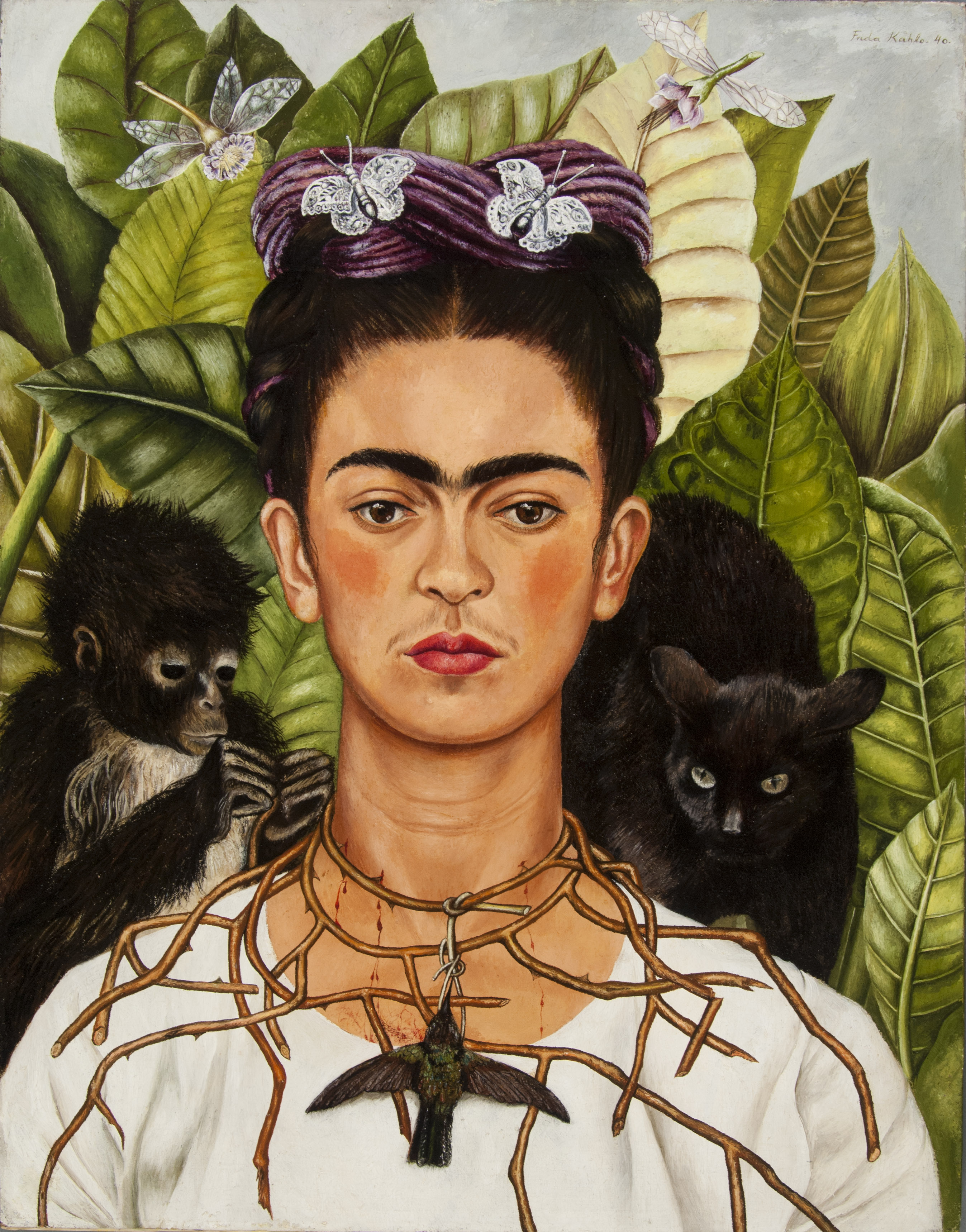 Frida Kahlo, Selbstbildnis mit Dornenhalsband, 1940, Oil on canvas mounted to board, Collection of Harry Ransom Center, The University of Texas at Austin, Nickolas Muray Collection of Modern Mexican Art © Banco de México Diego Rivera Frida Kahlo Museums Trust/VG Bild-Kunst, Bonn 2019