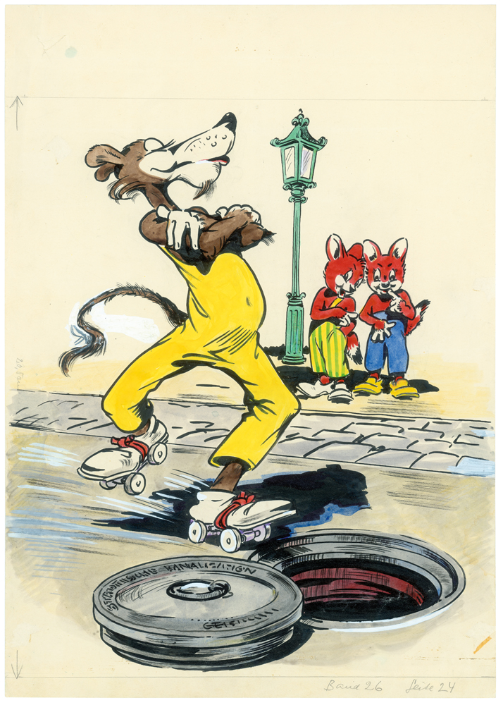 Lupo auf Rollschuhen, Rückseite Fix und Foxi Nr. 26, 1954, Zeichnung: Darul van der Heide und Werner Hierl. © Your Family Entertainment