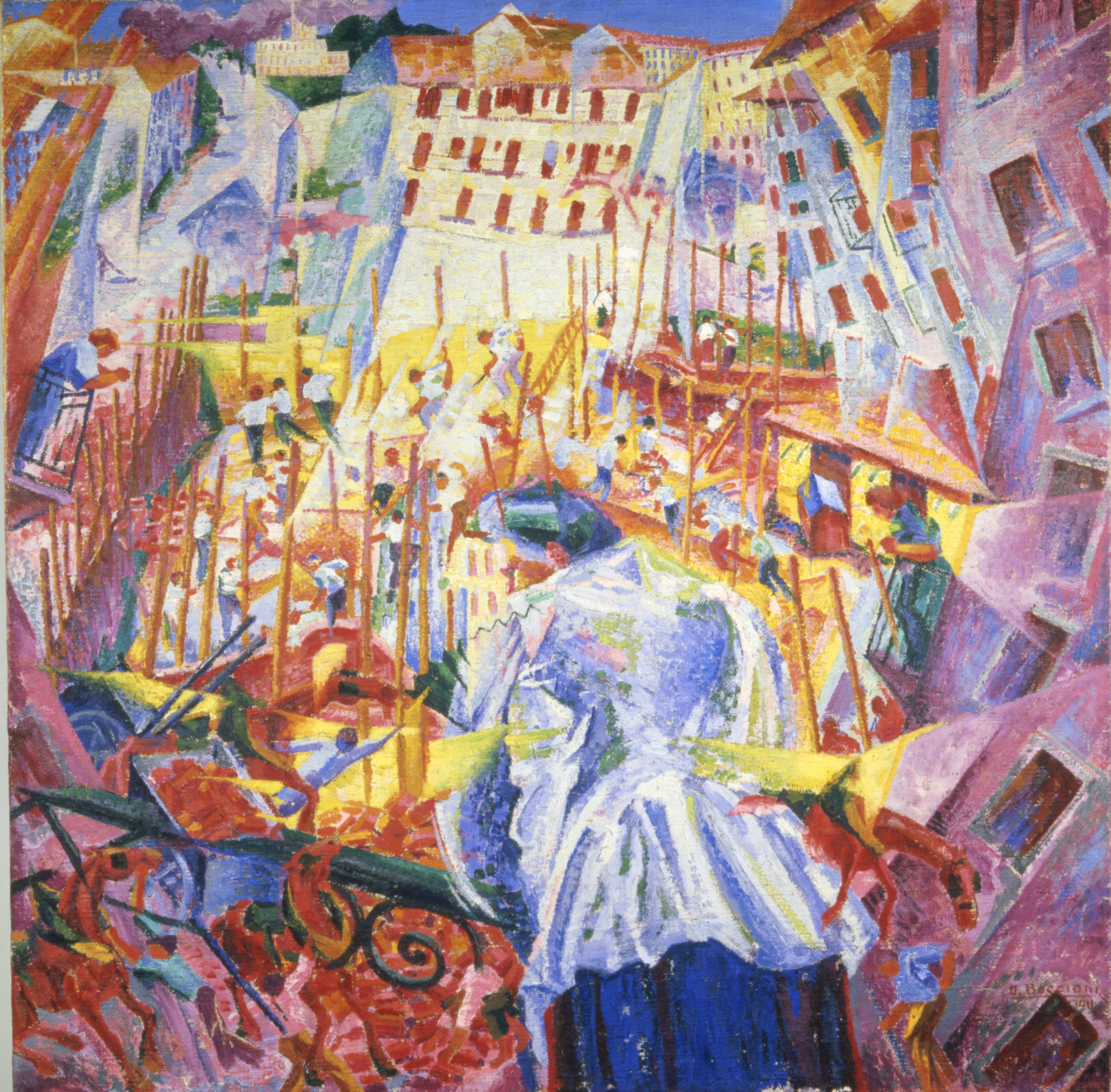 Boccioni, Umberto La Strada entra nella casa, 1911, Öl auf Leinwand, 100 x 100,6 cm, Sprengel Museum Hannover, Kunstbesitz der Landeshauptstadt Hannover, Gemeinfrei 