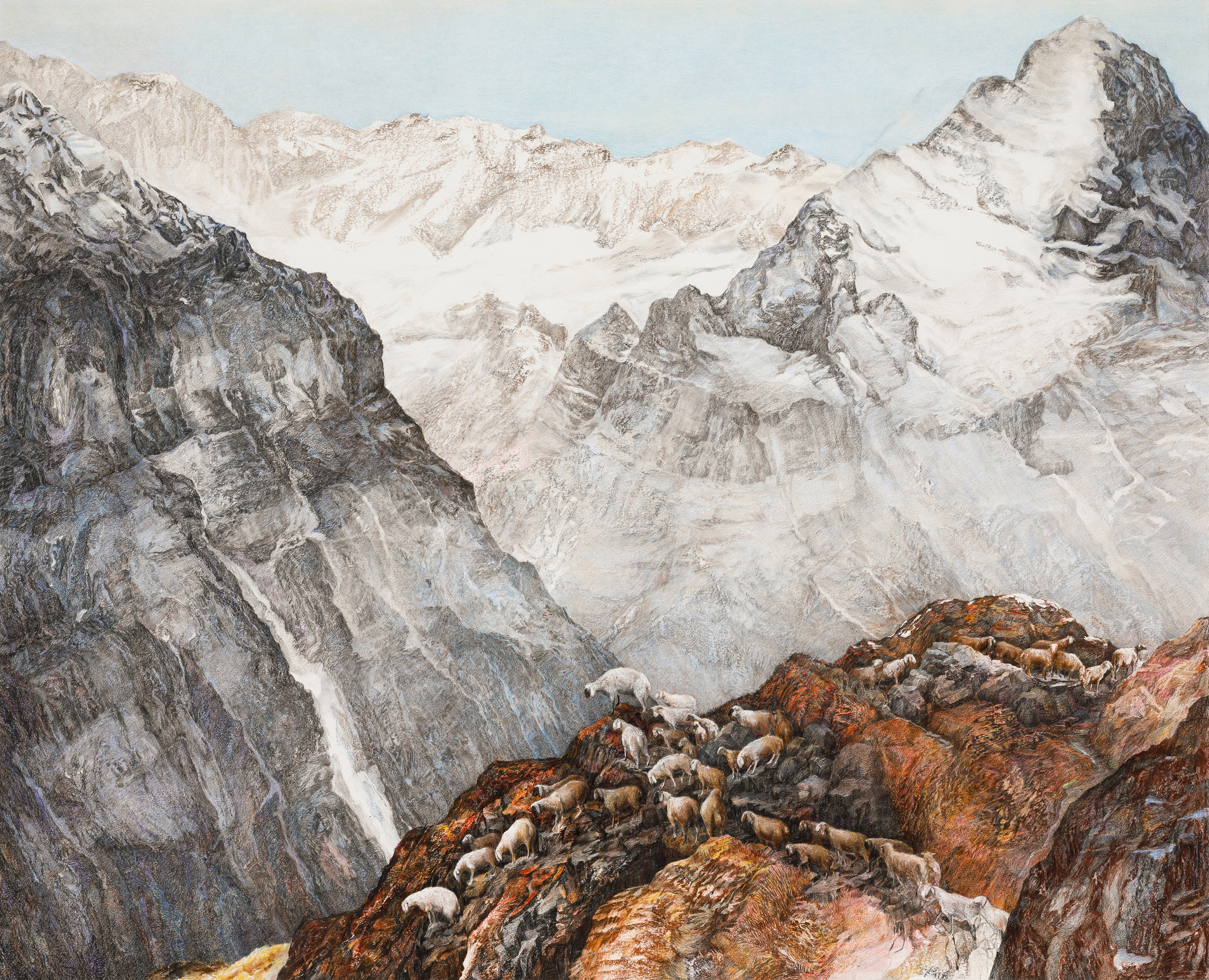 Martina Altschäfer, Transhumanz, 2023, Farbstift und Pastell auf Papier, 130 x 160 cm
