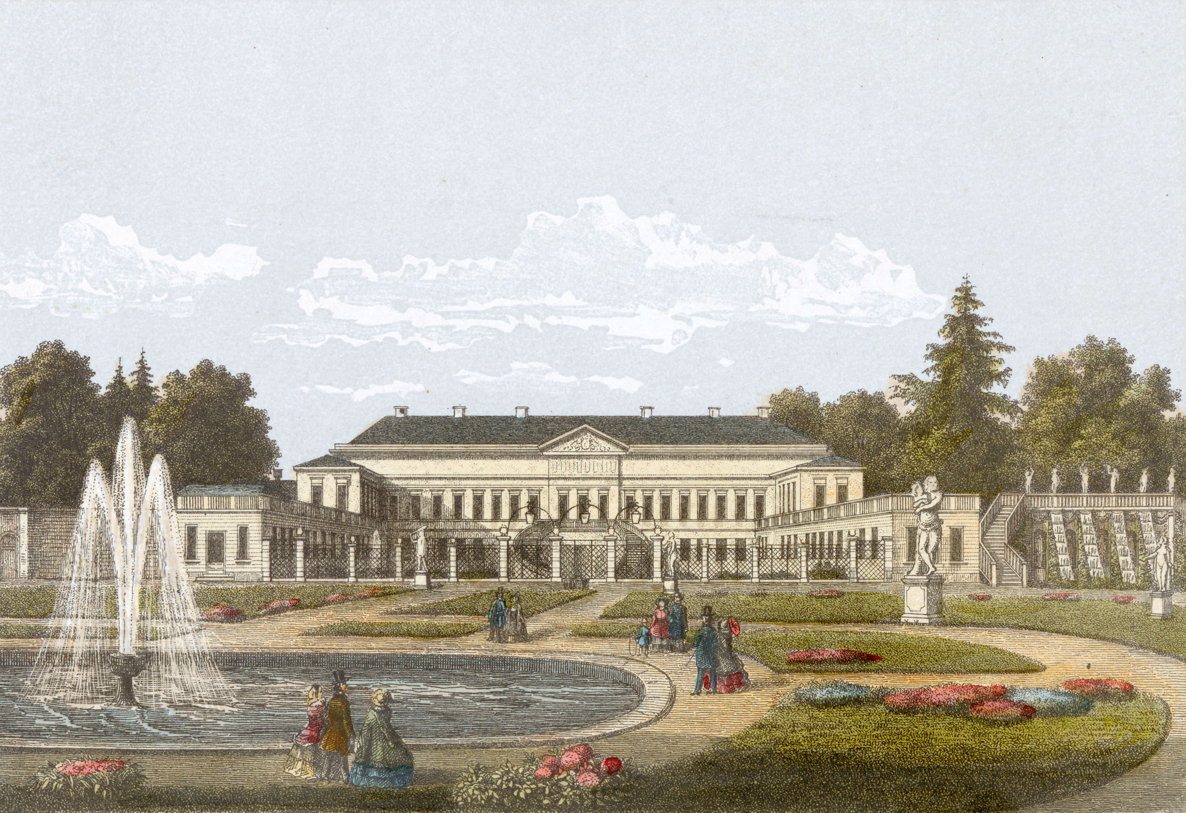 Schloss Herrenhausen von der Gartenseite, Lithografie, von Wilhelm Kretschmer, 1859