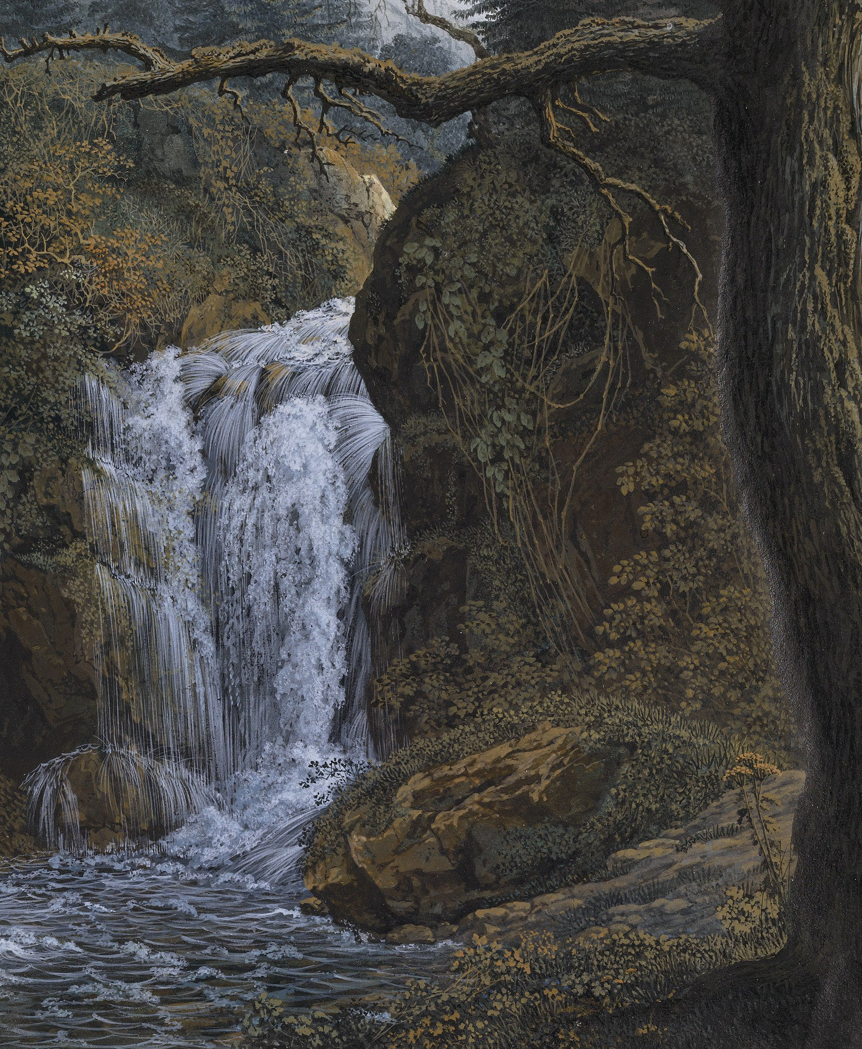 Carl Philipp Fohr (1795-1818): Der Wasserfall von Geroldsau, genannt die Bütte, Winter 1814/1815. Gouache, Aquarell, Deckweiß über Spuren von Bleistift, 188 x 155 mm. Privatsammlung. Foto: Johannes von Mallinckrodt, London