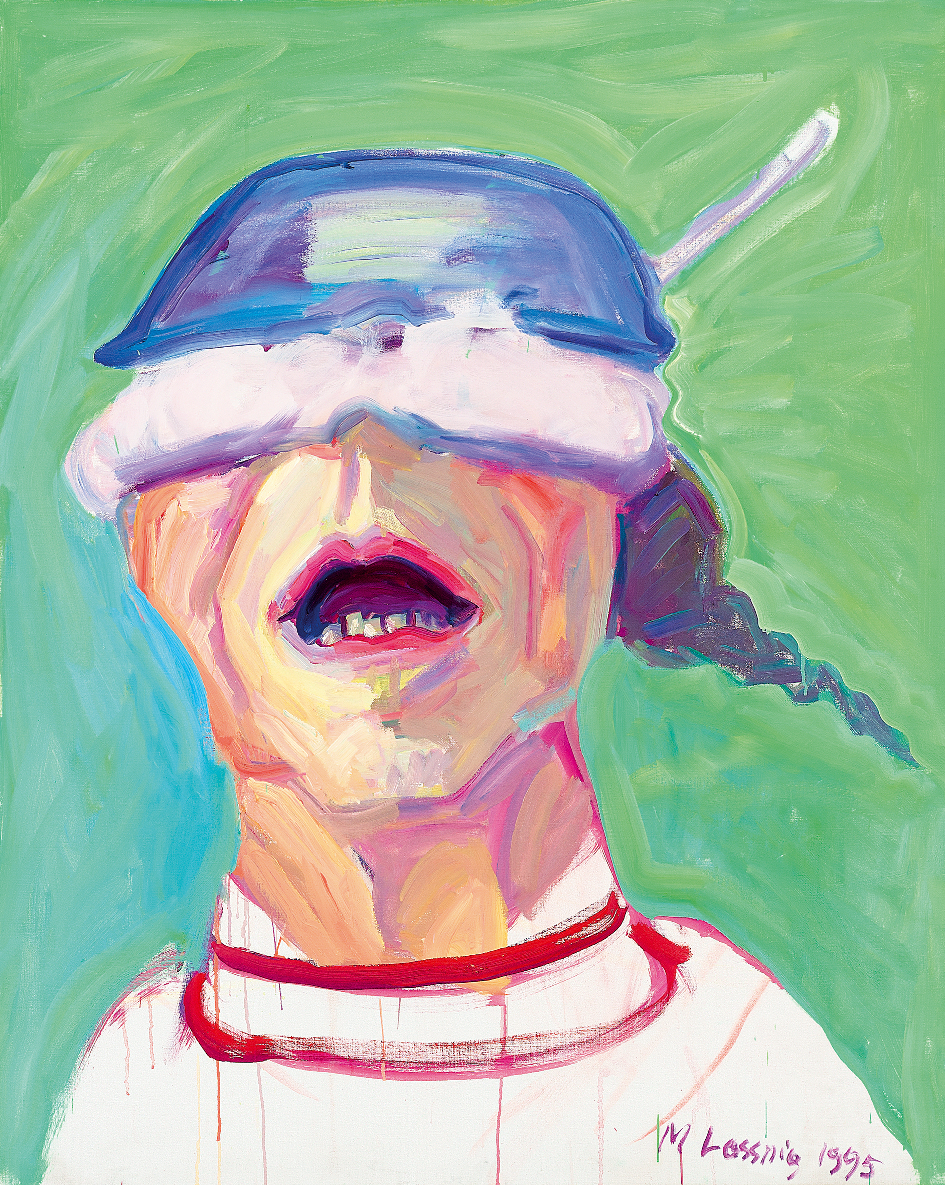 Maria Lassnig: Selbstporträt mit Kochtopf, 1995. Öl auf Leinwand, 125 x 100 cm. Maria Lassnig Stiftung. © Maria Lassnig Stiftung