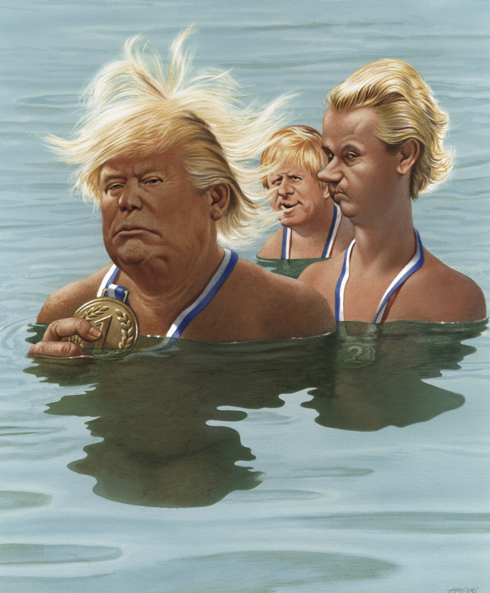 Gerhard Haderer, Sommerfrisuren-Contest 2016: Die USA siegen knapp vor Holland und Großbritannien, 2016, Privatbesitz. © Gerhard Haderer, 2017