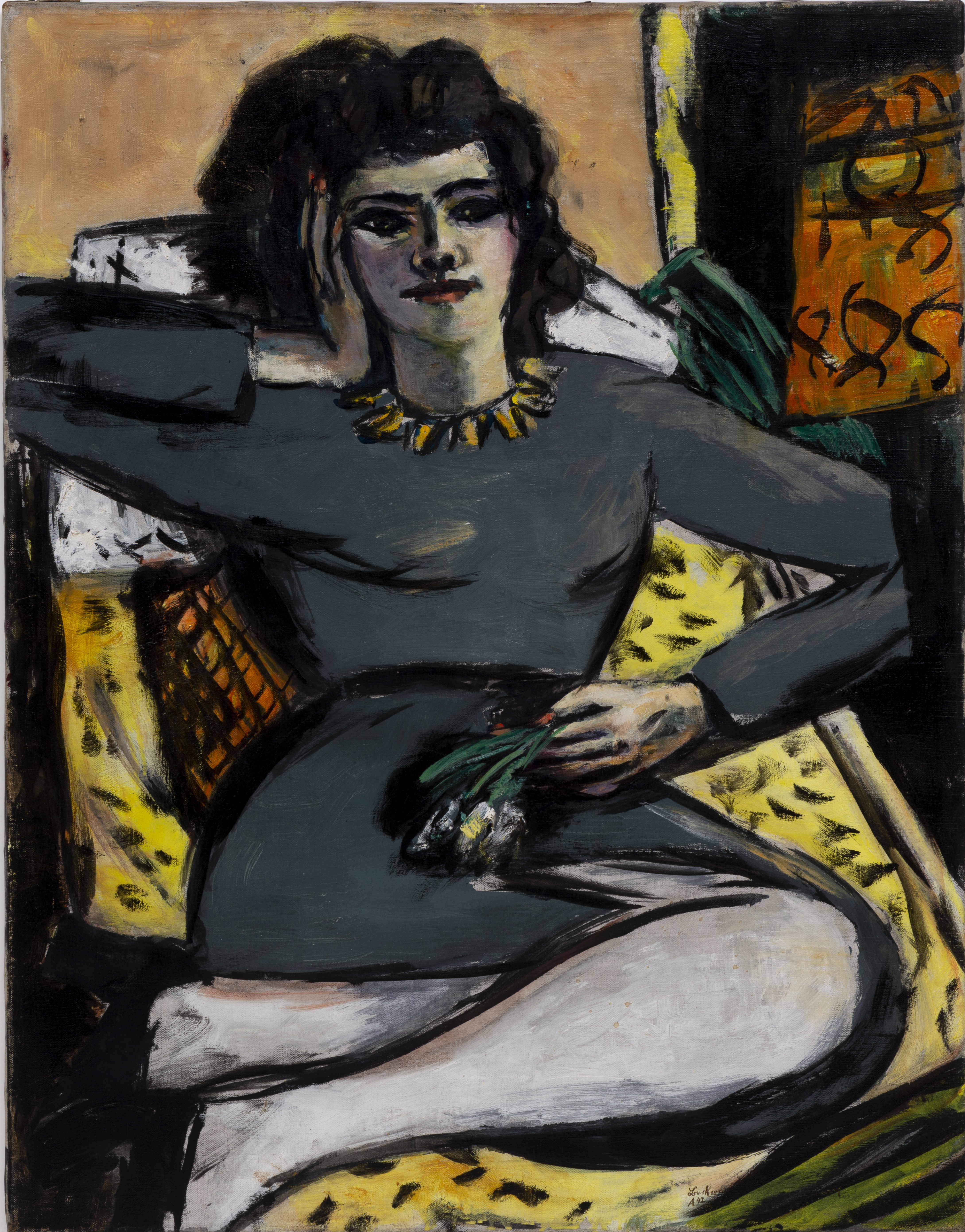 Max Beckmann, Ruhende Frau mit Nelken; Quappi  auf dem Sofa bei Licht, Amsterdam, 1942, Öl auf  Leinwand, 90,2 x 70,5 cm, Sprengel Museum  Hannover, Kunstbesitz der Landeshauptstadt  Hannover, Foto: Herling/Herling/Werner, Sprengel  Museum Hannover