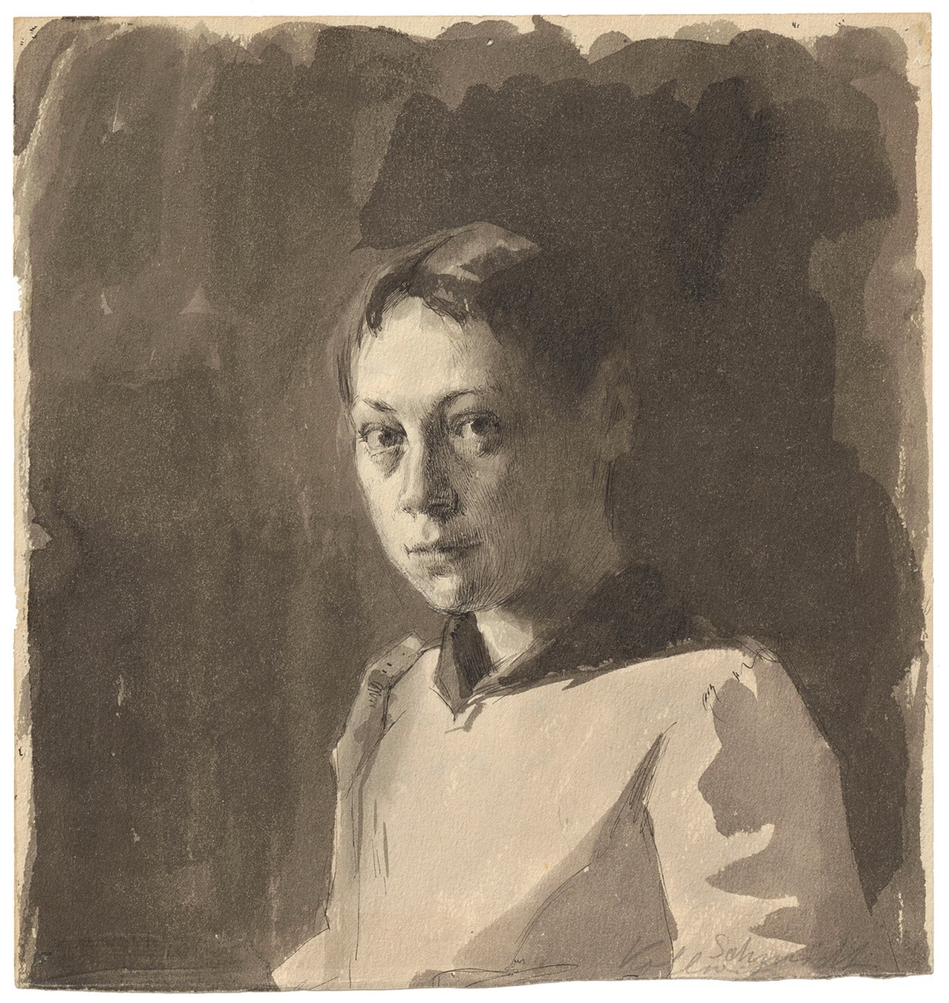 Käthe Kollwitz, Selbstbildnis (Ausschnitt), Feder und Pinsel in Sepia, um 1888, Nachlass Marianne Fiedler. © Käthe Kollwitz Museum Köln   