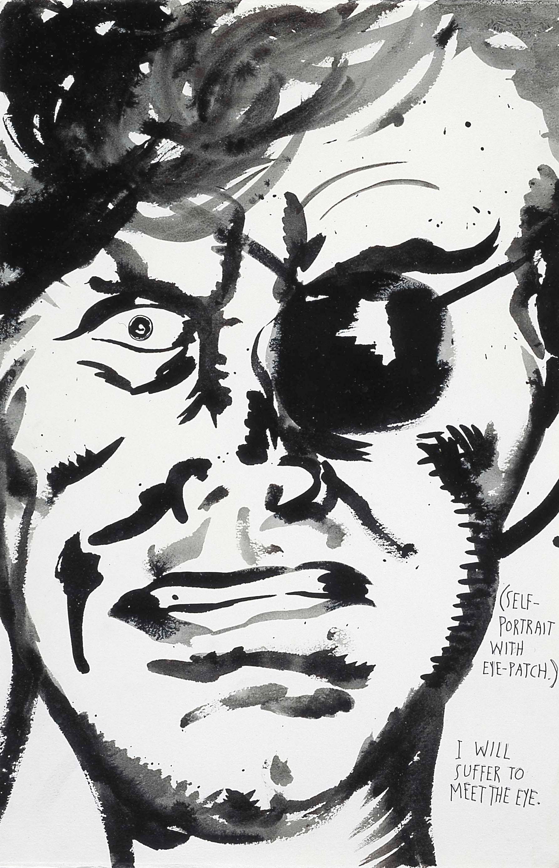 Raymond Pettibon: untitled (Self-portrait with eye-patch), 1998. Schreibstift und Tusche auf Papier. 57,1 x 38,1 cm. © Raymond Pettibon