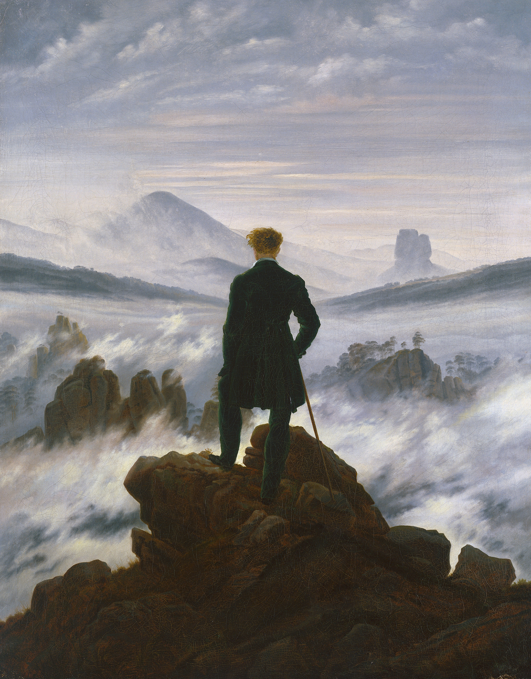 Caspar David Friedrich (1774–1840) Wanderer über dem Nebelmeer, um 1817 Öl auf Leinwand, 94,8 x 74,8 cm Dauerleihgabe der Stiftung Ham¬burger Kunstsammlungen © SHK/Hamburger Kunsthalle/bpk Foto: Elke Walford