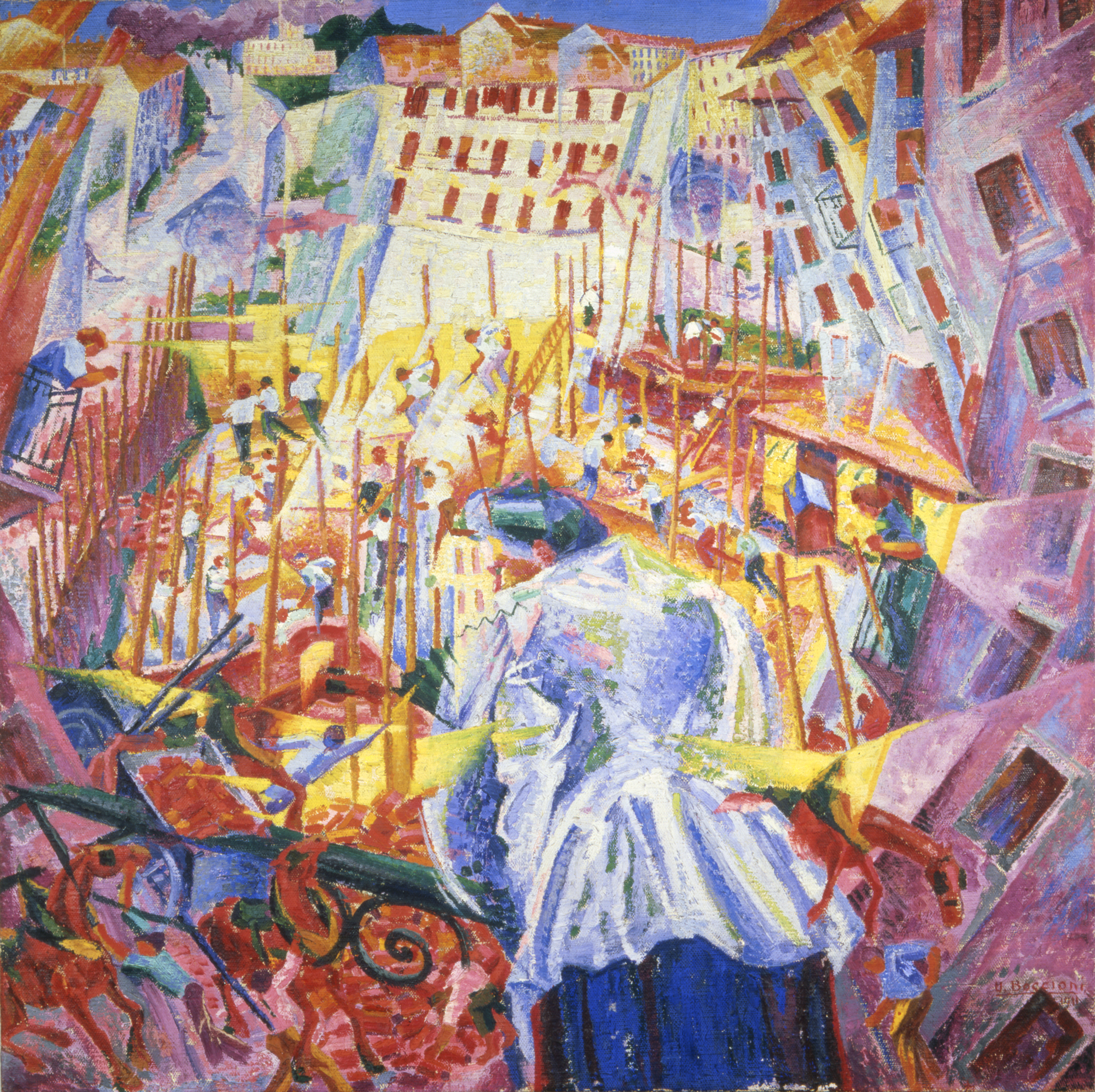 Umberto Boccioni: La Strada entra nella casa, 1911. Öl auf Leinwand. Sprengel Museum Hannover, Kunstbesitz der Landeshauptstadt Hannover. Foto: Sprengel Museum Hannover. Fotograf: Herling/Gwose/Werner, Sprengel Museum Hannover. Gemeinfrei.