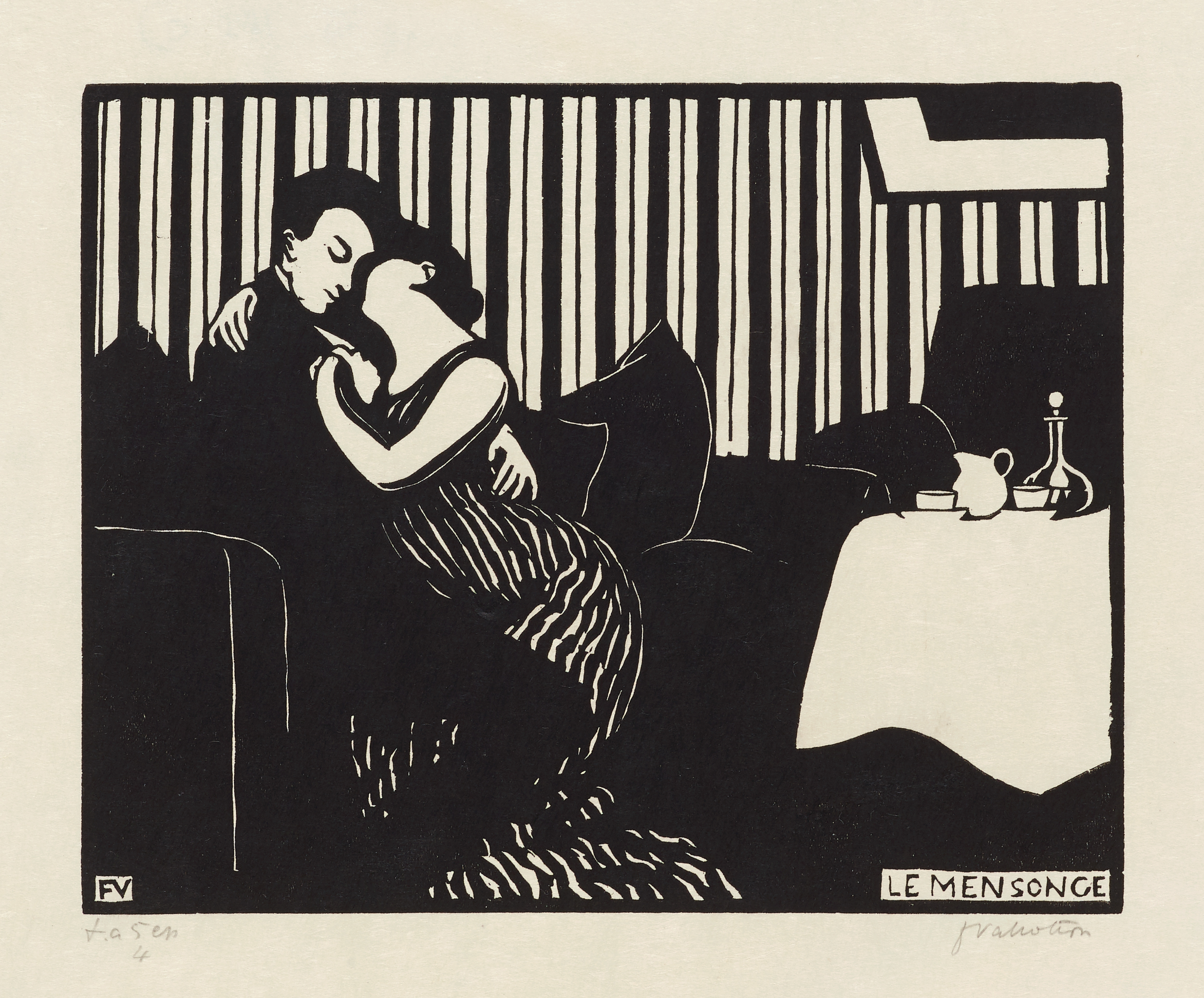 Félix Vallotton, Le mensonge │ Die Lüge, 1897, Holzschnitt auf Papier, Blatt 1 der Folge „Intimités“ │ „Innigkeit“, Privatsammlung, Schweiz, Foto: Peter Schälchli, Zürich