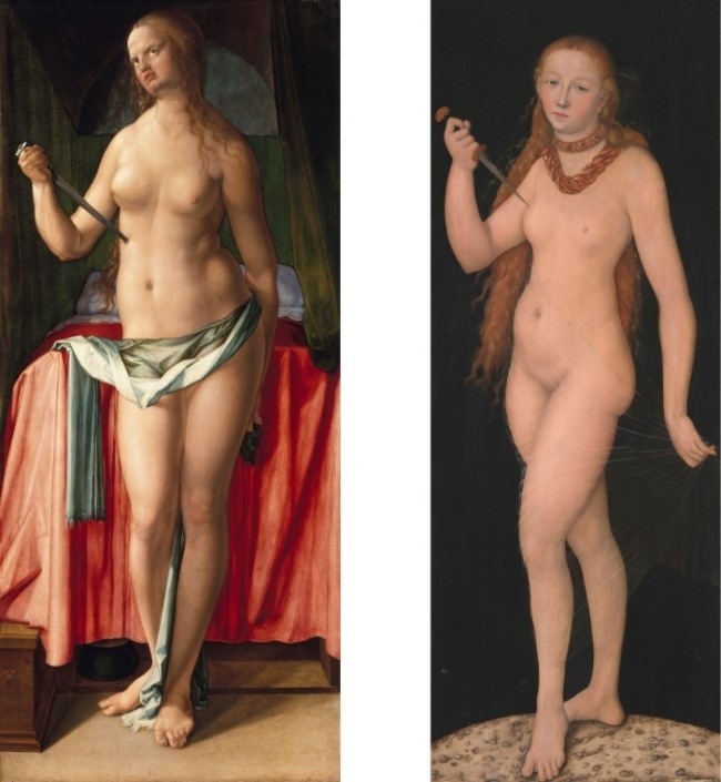 Links: Albrecht Dürer, Selbstmord der Lucretia, 1518  Rechts: Lucas Cranach d. Ä., Selbstmord der Lucretia, um 1524/30 © Bayerische Staatsgemäldesammlungen - Alte Pinakothek, München