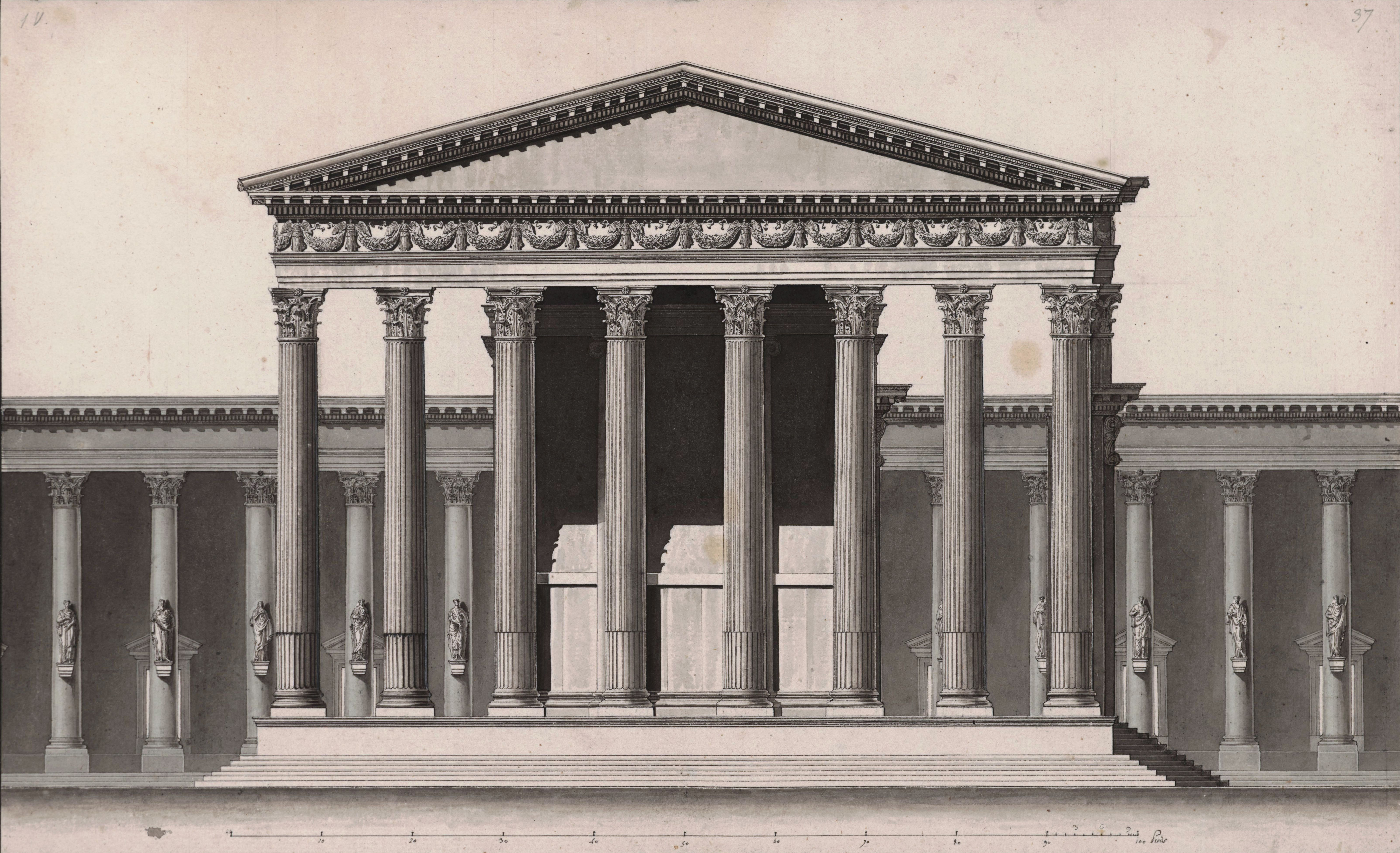 Louis François Cassas, Beltempel (Sonnentempel) von Norden, 1785, Feder in Schwarz, laviert, Wallraf-Richartz-Museum & Fondation Corboud, Köln