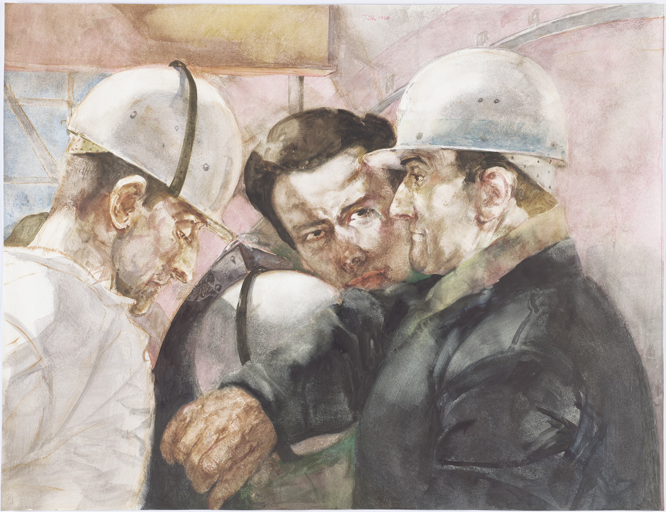 Werner Tuebke: Drei Bauarbeiter. Studie zu Arbeiterklasse und Intelligenz, 1970, Aquarell. Copyright VG Bild-Kunst, Bonn 2025.