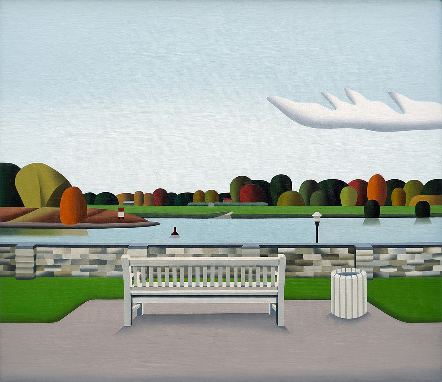 Jan Schüler, Blick vom Schloss Pillnitz auf die Elbinsel, 2025, Öl auf Leinwand, 65 x 75 cm