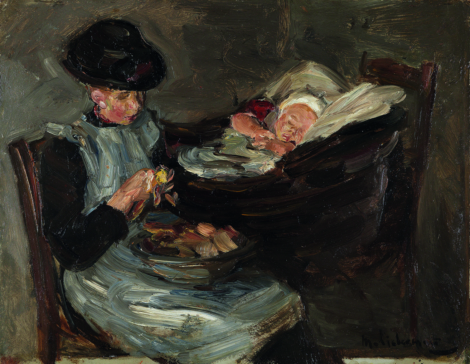 Max Liebermann (1847-1935). Mädchen aus Laren beim Kartoffelschälen neben schlafendem Kind im Korb, um 1887. Sammlung Museum Kunst der Westküste, Alkersum Föhr