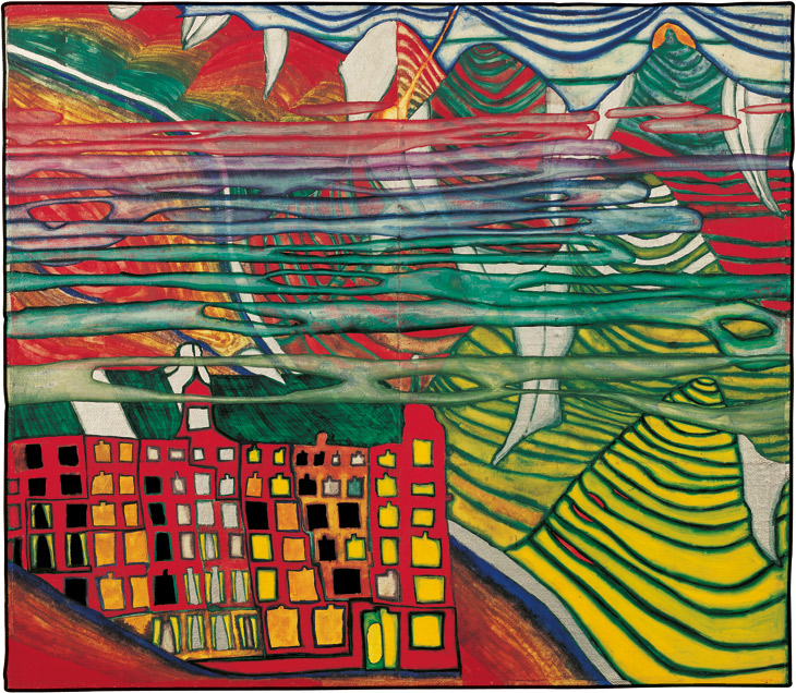 Friedensreich Hundertwasser, 605, Landschaft am Silberfluss, 1964, Aquarell, Privatsammlung © 2016 Namida AG, Glarus, Schweiz