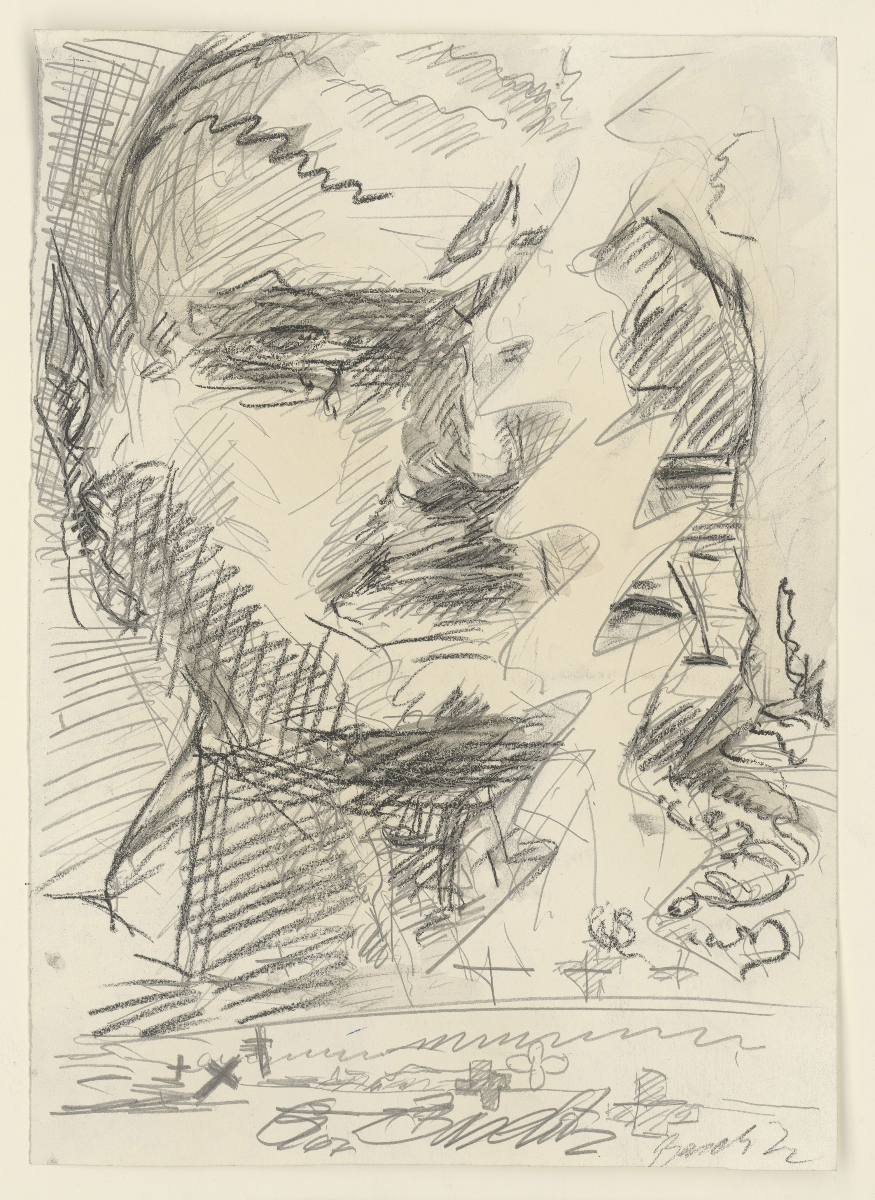 Georg Baselitz: Ohne Titel (Kopf), 1967, Bleistift und Kreide in Schwarz, 393 x 280 mm, Staatliche Graphische Sammlung München, Dauerleihgabe des Wittelsbacher Ausgleichsfonds, Sammlung Herzog Franz von Bayern, Foto: Staatliche Graphische Sammlung München, © Georg Baselitz 2017