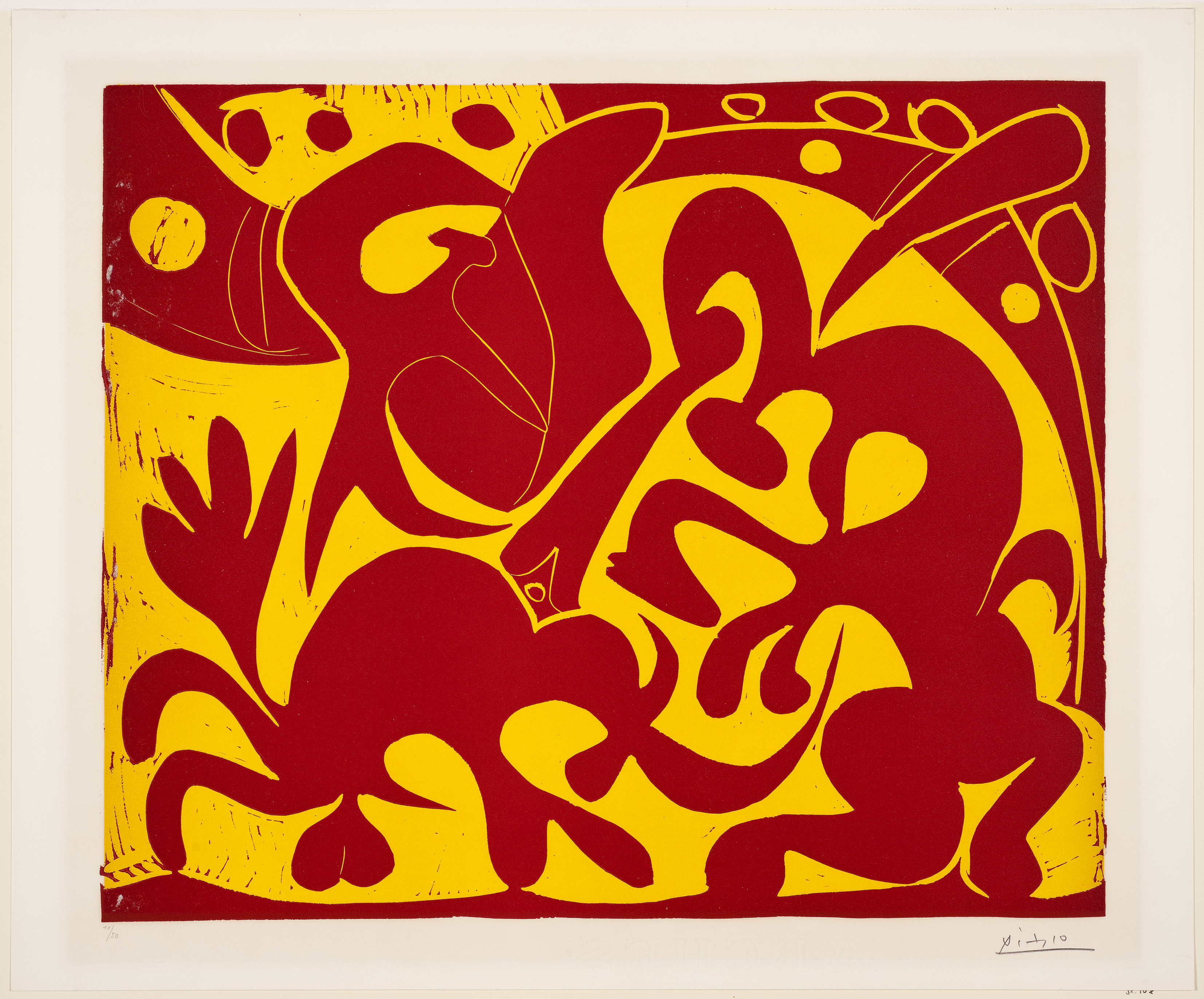 Pablo Picasso: Pique (rouge et jaune), Vallauris, Frühjahr 1959. Pika (rot und gelb). Farblinolschnitt, 53,1 x 63,7 cm. Sprengel Museum Hannover, Schenkung Sammlung Sprengel (1969). Foto: Michael Herling/Aline Gwose, Sprengel Museum Hannover. © VG Bild-Kunst, Bonn 2017 