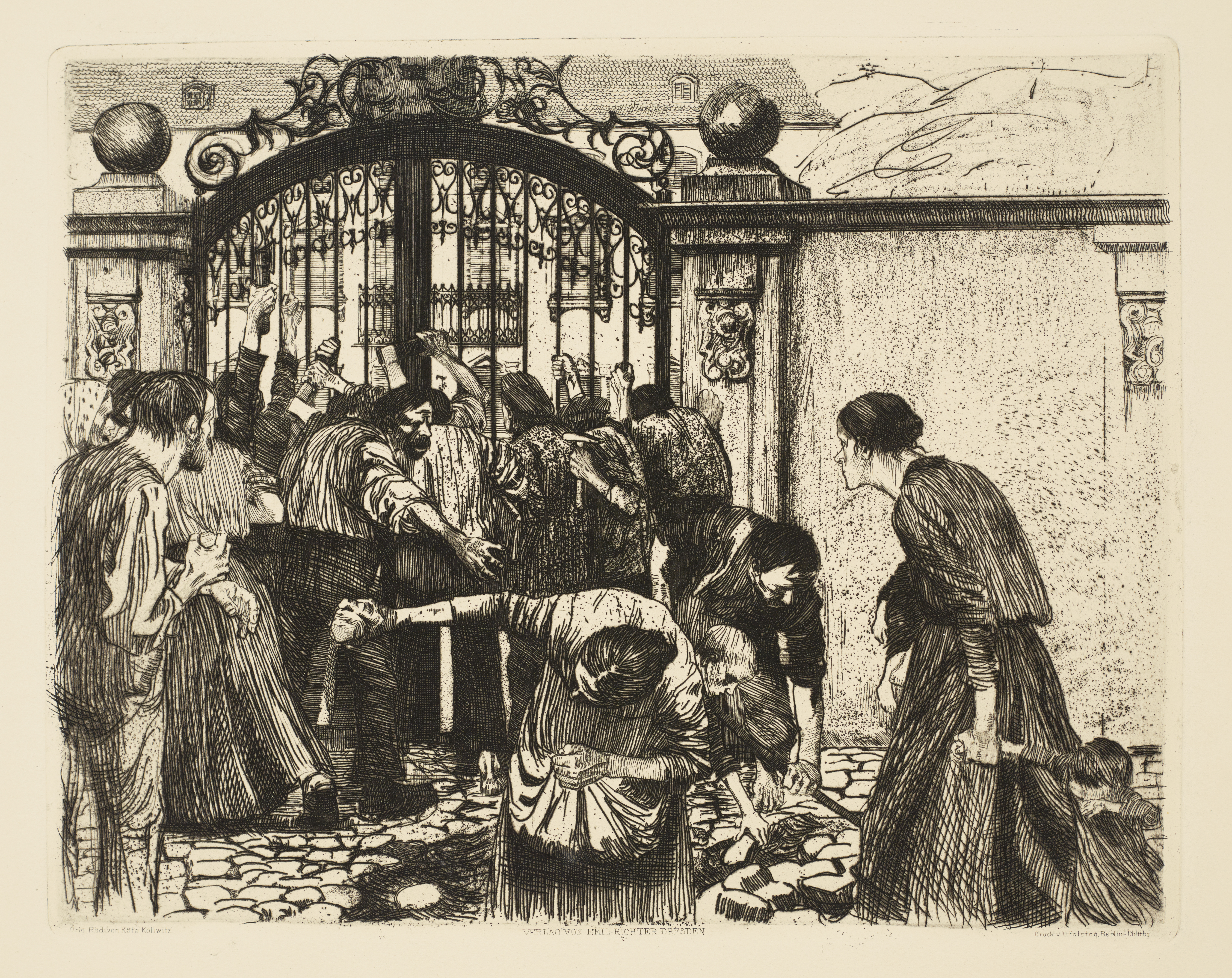 Käthe Kollwitz, Ein Weberaufstand, 1893-1897, Folge von sechs Blättern, V. Sturm, Radierung © Kunsthalle zu Kiel, Foto: Sönke Ehlert