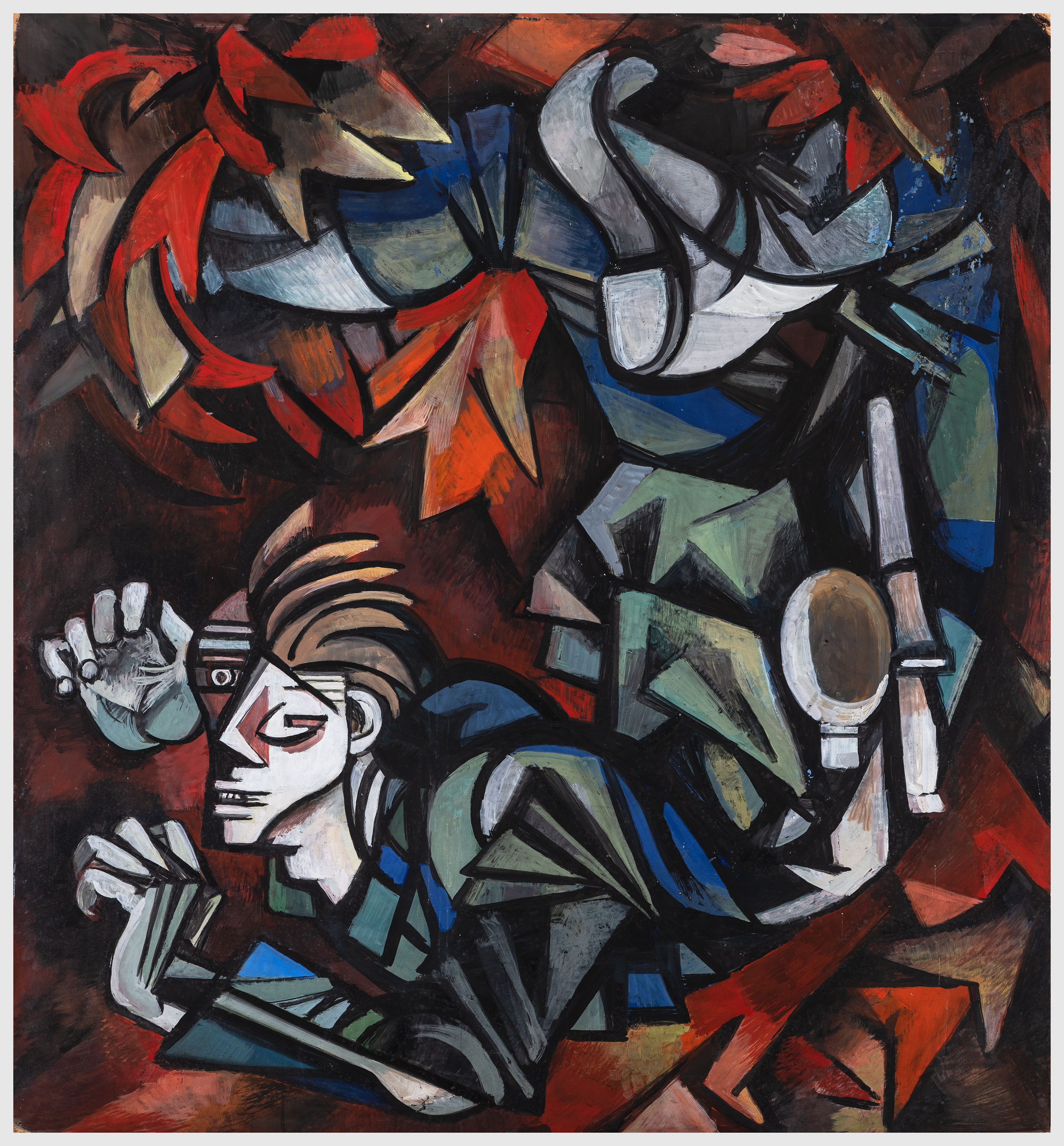 KUNST FÜR KEINEN. 1933-1945, 4. MÄRZ – 6. JUNI 2022, Jeanne Mammen, Sterbender Krieger (Junger Soldat im Frontfeuer), um 1943, Tempera auf Karton, 151 x 140 cm, Jeanne Mammen-Stiftung im Stadtmuseum Berlin, © Jeanne-Mammen Stiftung im Stadtmuseum Berlin / VG Bild-Kunst, Bonn 2021, Foto: Oliver Ziebe, Berlin