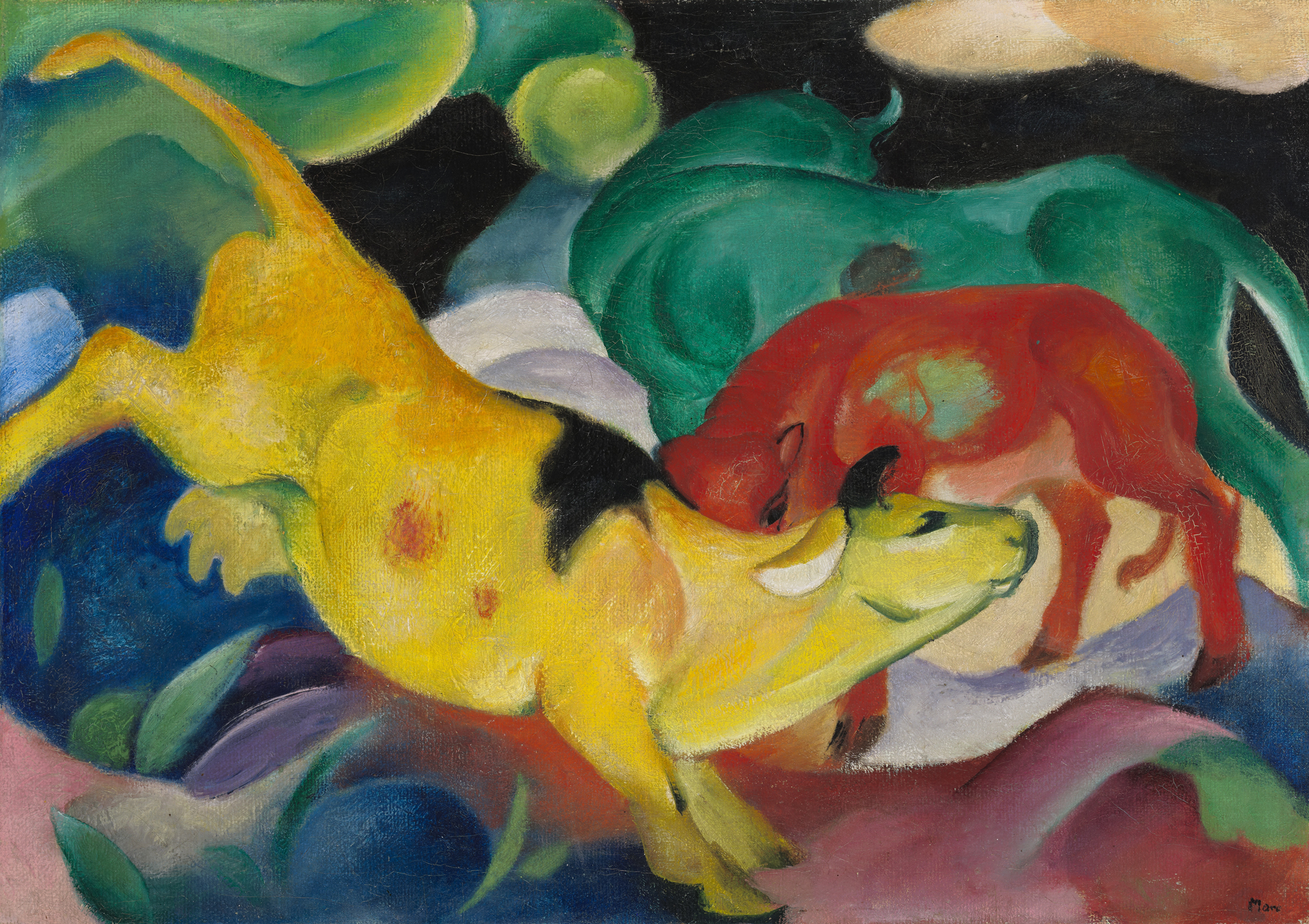 Franz Marc, Kühe, rot, grün, gelb, 1911, Öl auf Leinwand, 62 cm x 87,5 cm, Copyright Städtische Galerie im Lenbachhaus und Kunstbau München