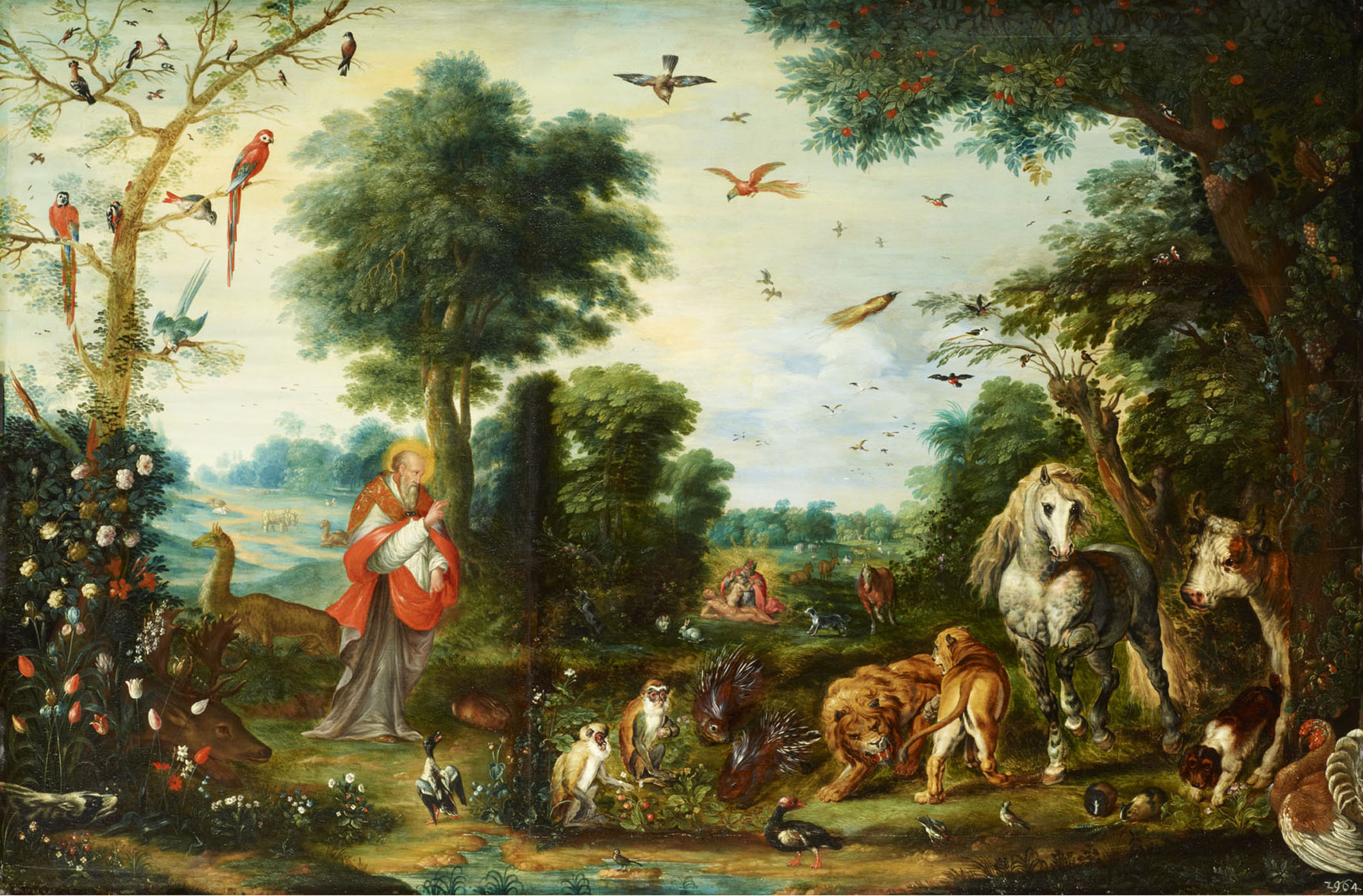 Jan Breughel d. J. und Nachahmer, Paradieslandschaft mit der Erschaffung der Tiere, Öl auf Eichenholz, 53,7 x 81 cm, Gemäldegalerie Alte Meister © SKD, Foto: Elke Estel/Hans-Peter Klut