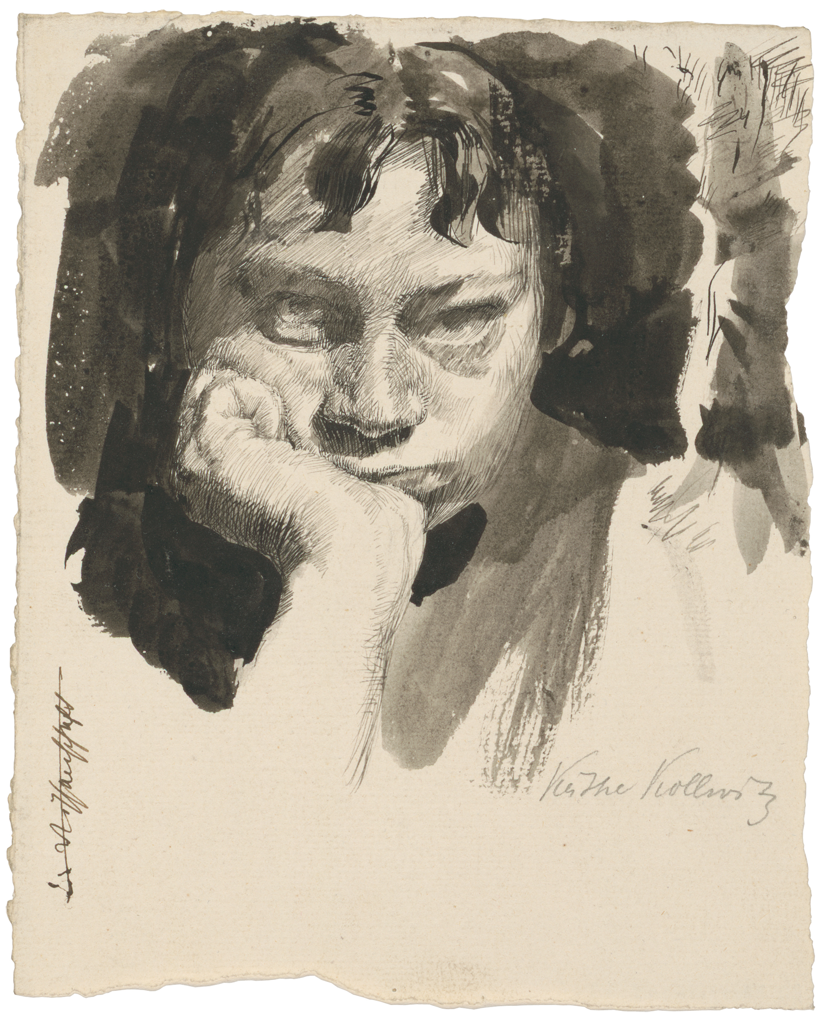 Käthe Kollwitz (1867–1945) Selbstbildnis mit aufgestütztem Kopf 1889/91 Feder und Pinsel in Sepia auf Bütten 200 x 160 mm Käthe Kollwitz Museum Köln