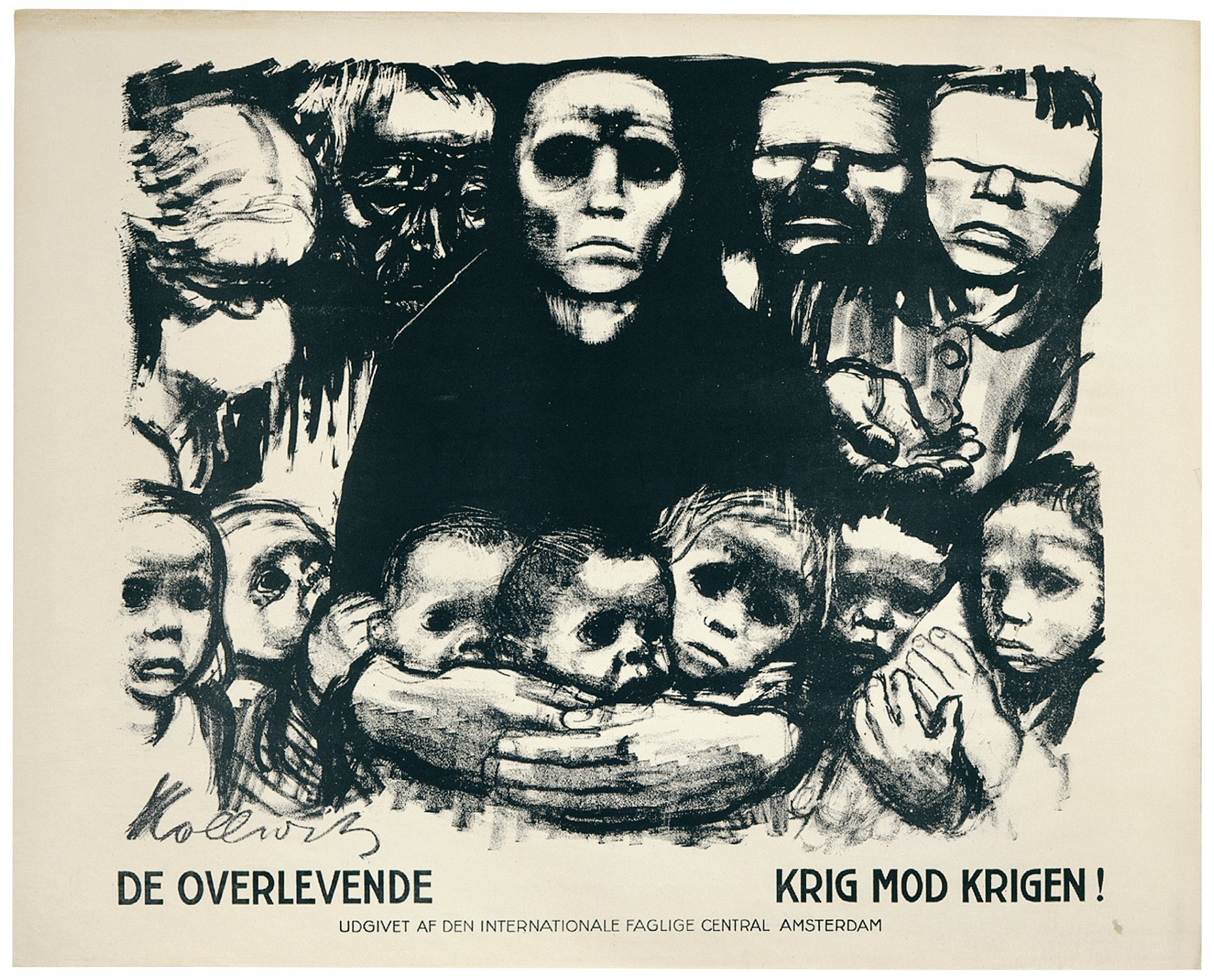 Käthe Kollwitz, Die Überlebenden, 1923, Kreide- und Pinsellithographie sowie Schabnadel (Umdruck). Lithographie, entstanden im Auftrag des Internationalen Gewerkschaftsbund für ein Plakat in mehreren Sprachen ¬– hier in Dänisch © Käthe Kollwitz Museum Köln